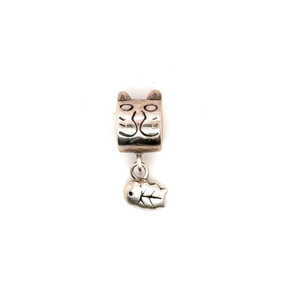 Sterling Silver Cat Bead Charm with Dangling Fish Skeleton for Bracelets 925
